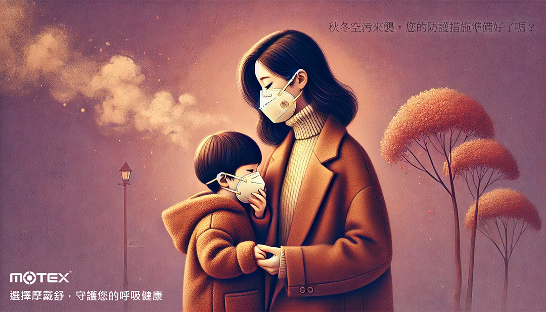 秋冬空污來襲，母親與孩子戴上口罩，守護呼吸健康，展現如母親般的關懷防護。
