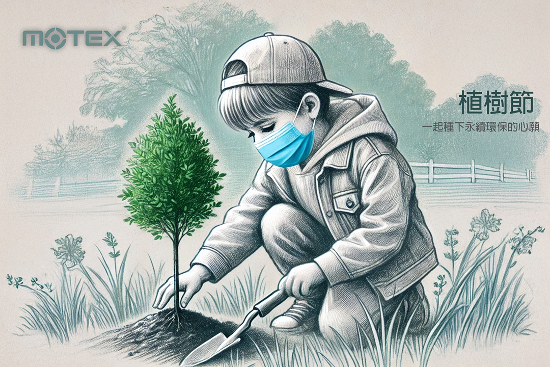  一名戴著口罩的小孩，正在細心地種植小樹苗，將永續減碳的心願生生不息。