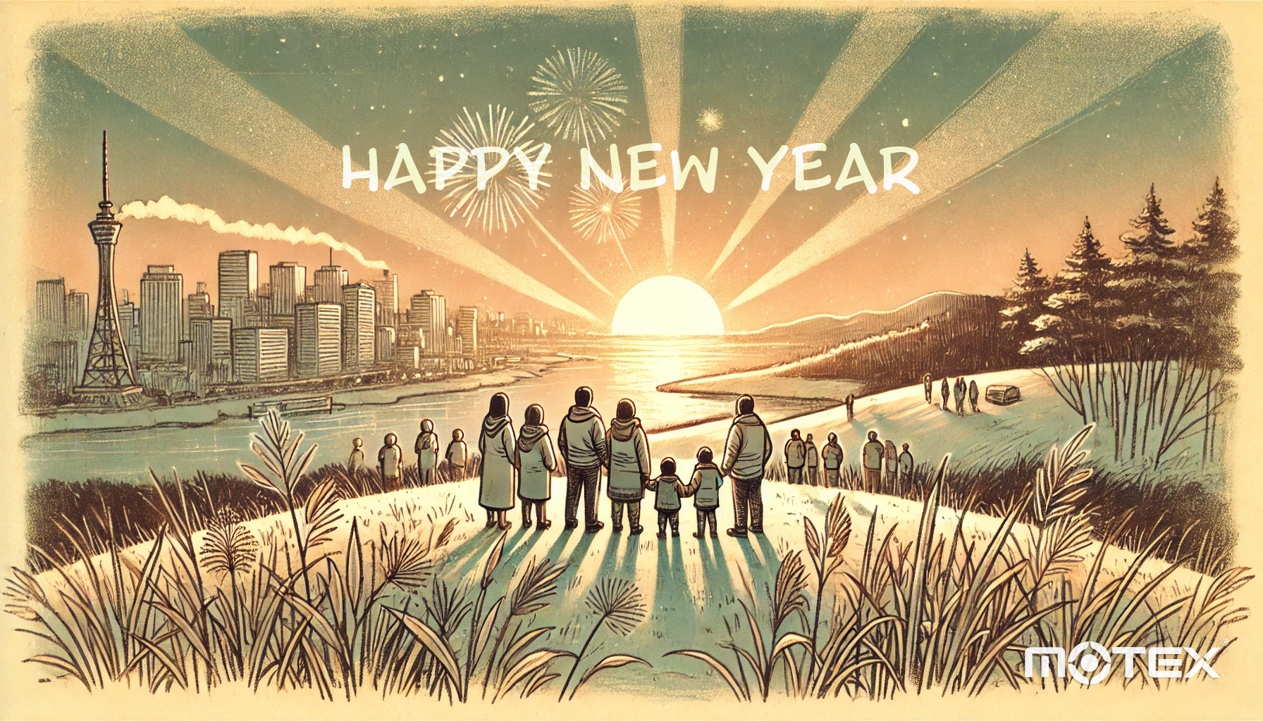 清晨的山丘，人们站在高处，迎接新年第一道阳光。朝阳洒在城市与大地上，象征希望与新生。